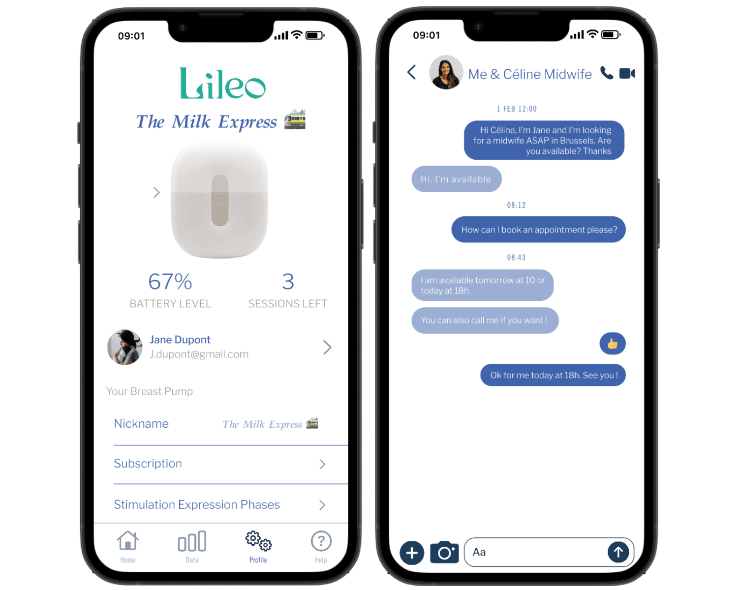 app lileo breast pump connected profile control chat with professional iphone